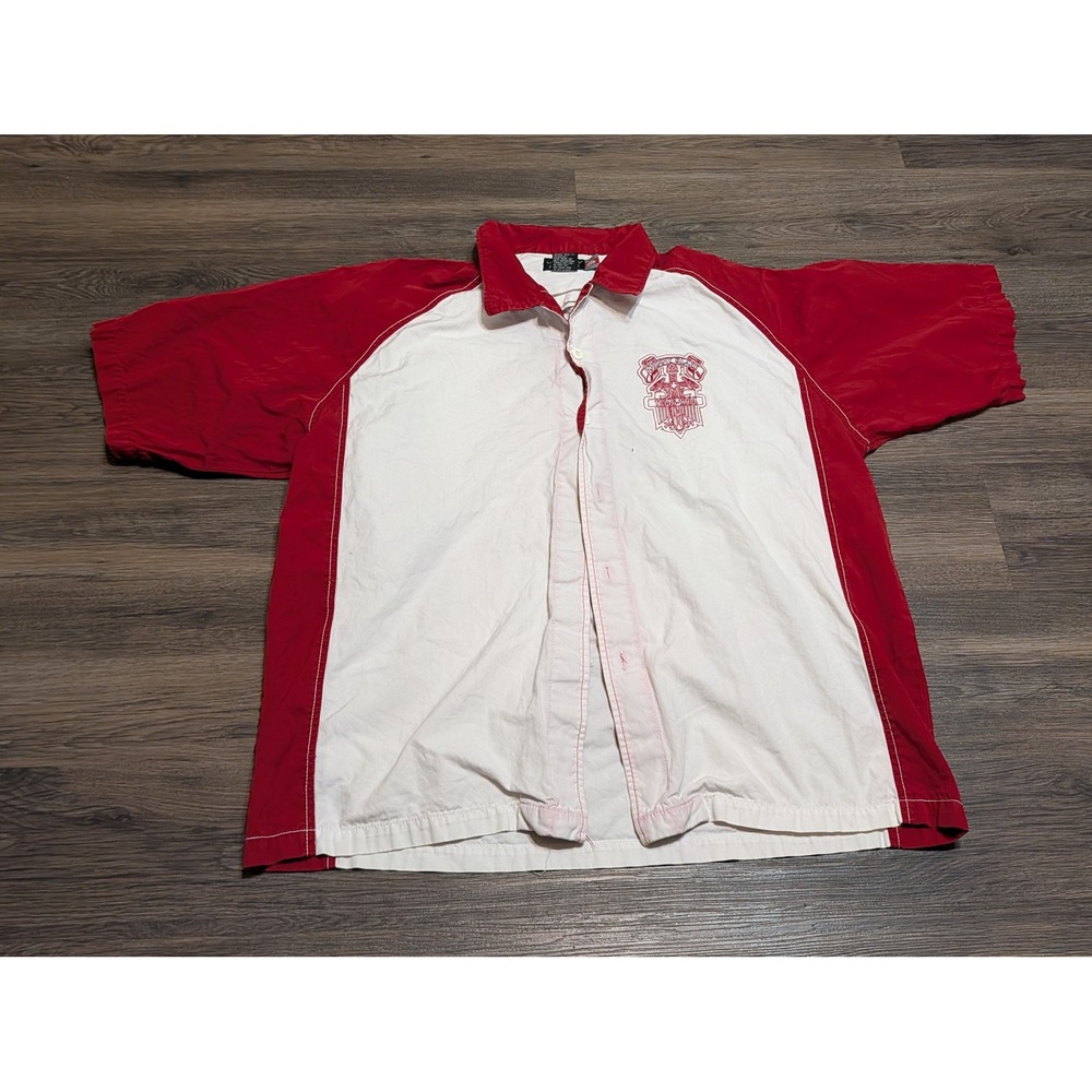 Johnny Blaze Embroidered Button Up Shirt Mens XL Red White Y2K Hip Hop Raglan